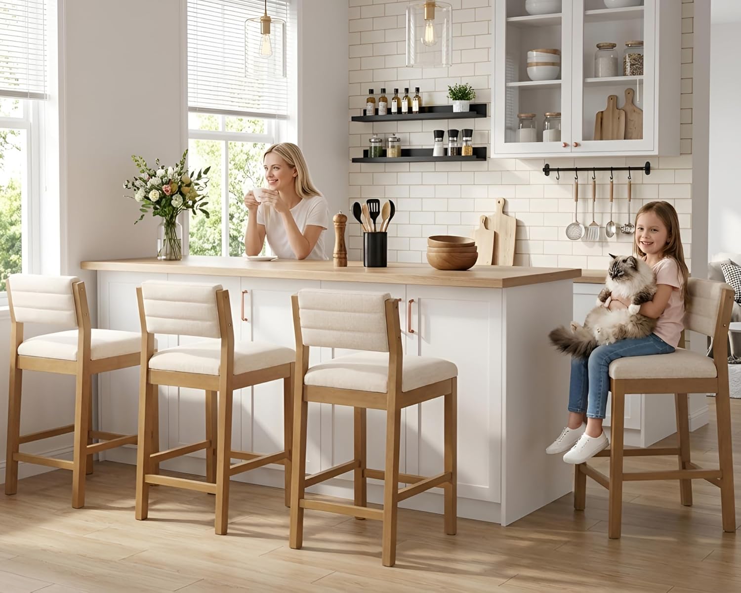 26.5'' Tall Bar Stools Set of 2 Modern Counter Stools with Backs Beige Linen Upholstered Bar Height Chairs Counter Height Island Stools with Wood Frame Farmhouse Wooden Barstools for Kitchen Island