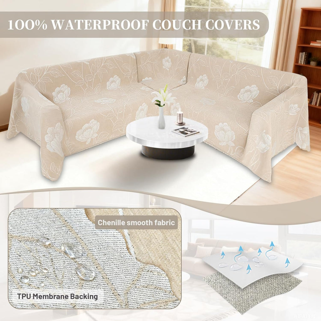 1OO% Waterproof Sectional Couch Covers for Dogs L Shaped Corner Sofa Cover Washable Chenille Sofa Slipcovers Blanket Modern Jacquard Pet Furniture Protector (91"x252", Beige Flower)