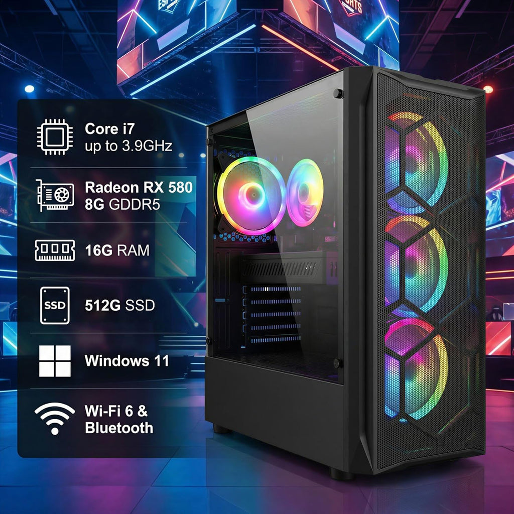 STGAubron Gaming PC Desktop Computer  Intel Core i7 up to 3.9GHz  Radeon RX 580 8G  16G RAM  512G SSD  WiFi 6  BT 5.0  RGB Fan x4  Windows 11 Home