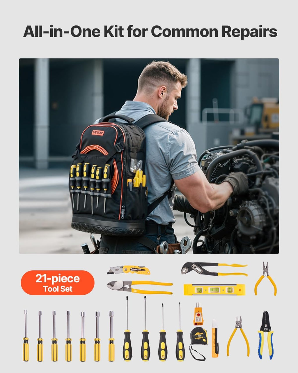 VEVOR Tool Backpack with Tools, 65 Pockets, Heavy-duty Tools Storage Organizer Bags with Laptop Compartment & Molded Base, Electrician Jobsite Backpack for Electrician, Repairman, and HVAC Techs