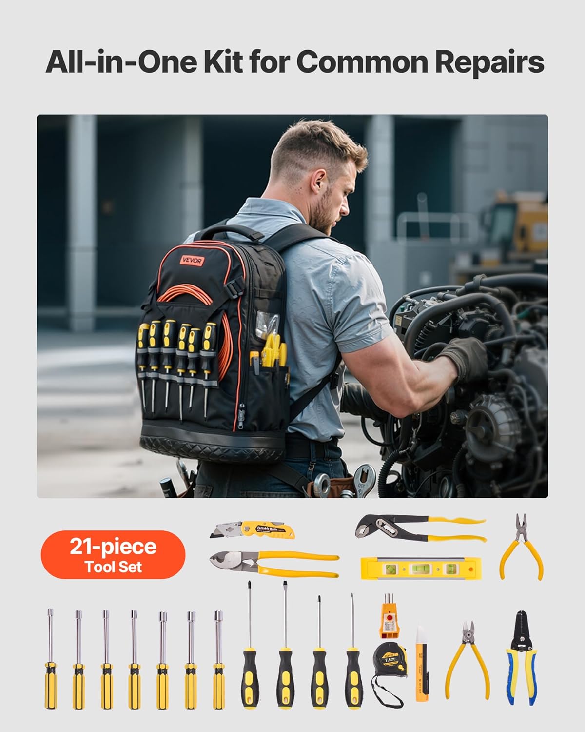 VEVOR Tool Backpack with Tools, 65 Pockets, Heavy-duty Tools Storage Organizer Bags with Laptop Compartment & Molded Base, Electrician Jobsite Backpack for Electrician, Repairman, and HVAC Techs