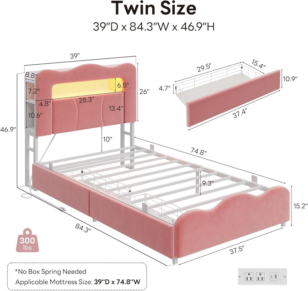 LIKIMIO Twin Upholstered LED Bed Frame with 2 Storage Drawers and Bookcase Storage Headboard, Velvet Princess Platform Bed with Charging Station, Heavy Duty Metal Support, No Box Spring Needed, Pink