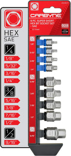 CARBYNE 9-Piece Stubby Low Profile Hex Bit Socket Set SAE S2 Steel Super Short Allen Sockets with Dual Drive Internal Square and External Hex for Tight Confined Spaces