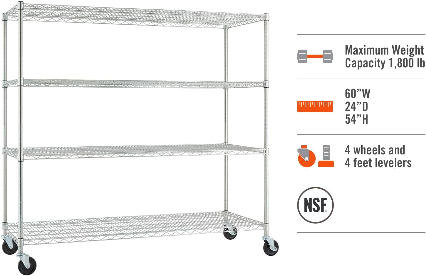 Trinity Basics 4-Tier Adjustable Wire Shelving with Wheels for Kitchen Organization, Garage Storage, Laundry Room, NSF Certified, 600 to 1800 Pound Capacity, 60” by 24” by 54”, EcoStorage Chrome