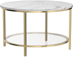 YITAHOME White Marble Round Coffee Table with Glass for Living Room, 2-Tier Circle Coffee Table with Storage Clear Coffee Table, Simple Modern Center Cocktail Table, White & Gold