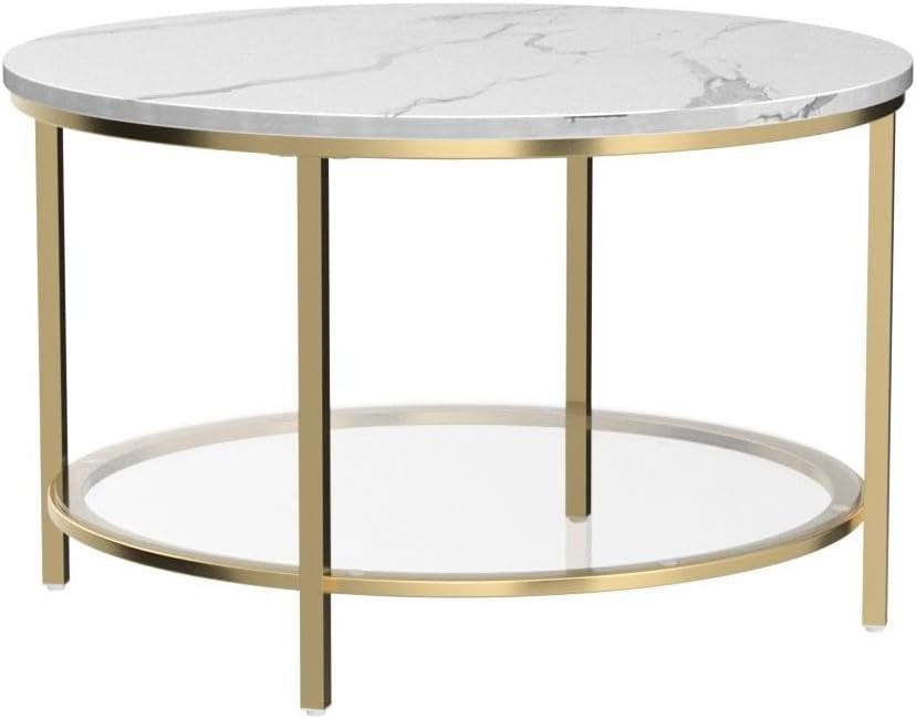YITAHOME White Marble Round Coffee Table with Glass for Living Room, 2-Tier Circle Coffee Table with Storage Clear Coffee Table, Simple Modern Center Cocktail Table, White & Gold