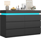 6 Drawer Dresser with LED Light, Black Modern Chest of Drawers for Bedroom,Closet Dressers with Drawers for Living Room, Entryway, Hallway