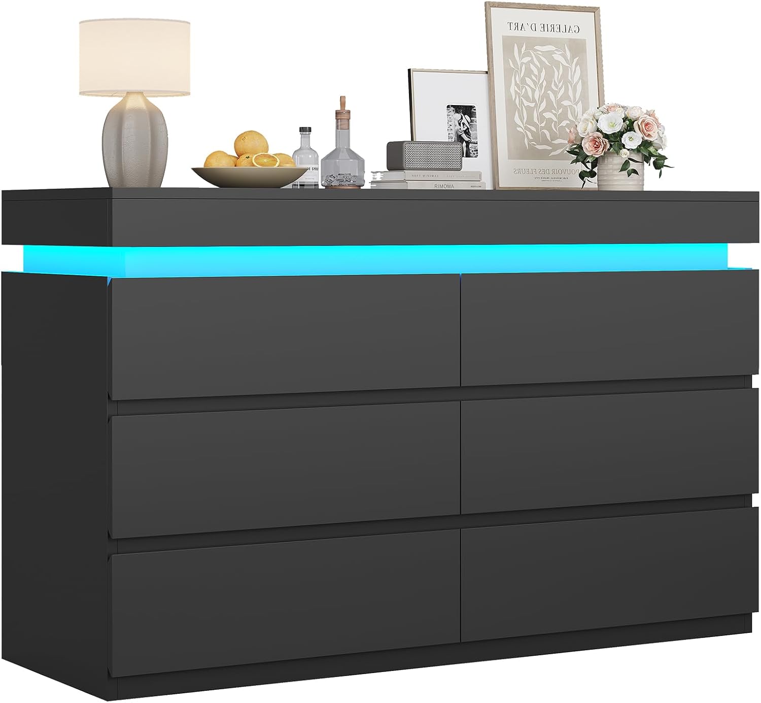 6 Drawer Dresser with LED Light, Black Modern Chest of Drawers for Bedroom,Closet Dressers with Drawers for Living Room, Entryway, Hallway