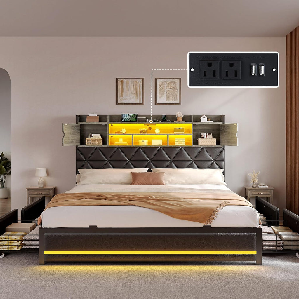 YITAHOME King Size Bed Frame with RGB LED Lights & Storage Bookcase Headboard, Upholstered Bed with Charging Station and 4 Drawers, No Box Spring Needed, Easy Assembly, Noise-Free, PU Leather Black