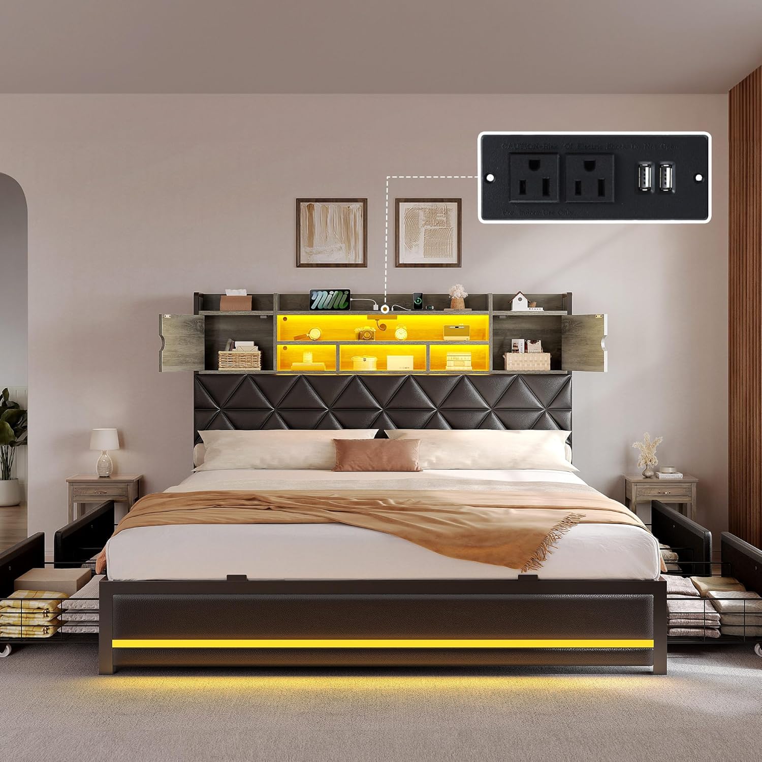 YITAHOME King Size Bed Frame with RGB LED Lights & Storage Bookcase Headboard, Upholstered Bed with Charging Station and 4 Drawers, No Box Spring Needed, Easy Assembly, Noise-Free, PU Leather Black