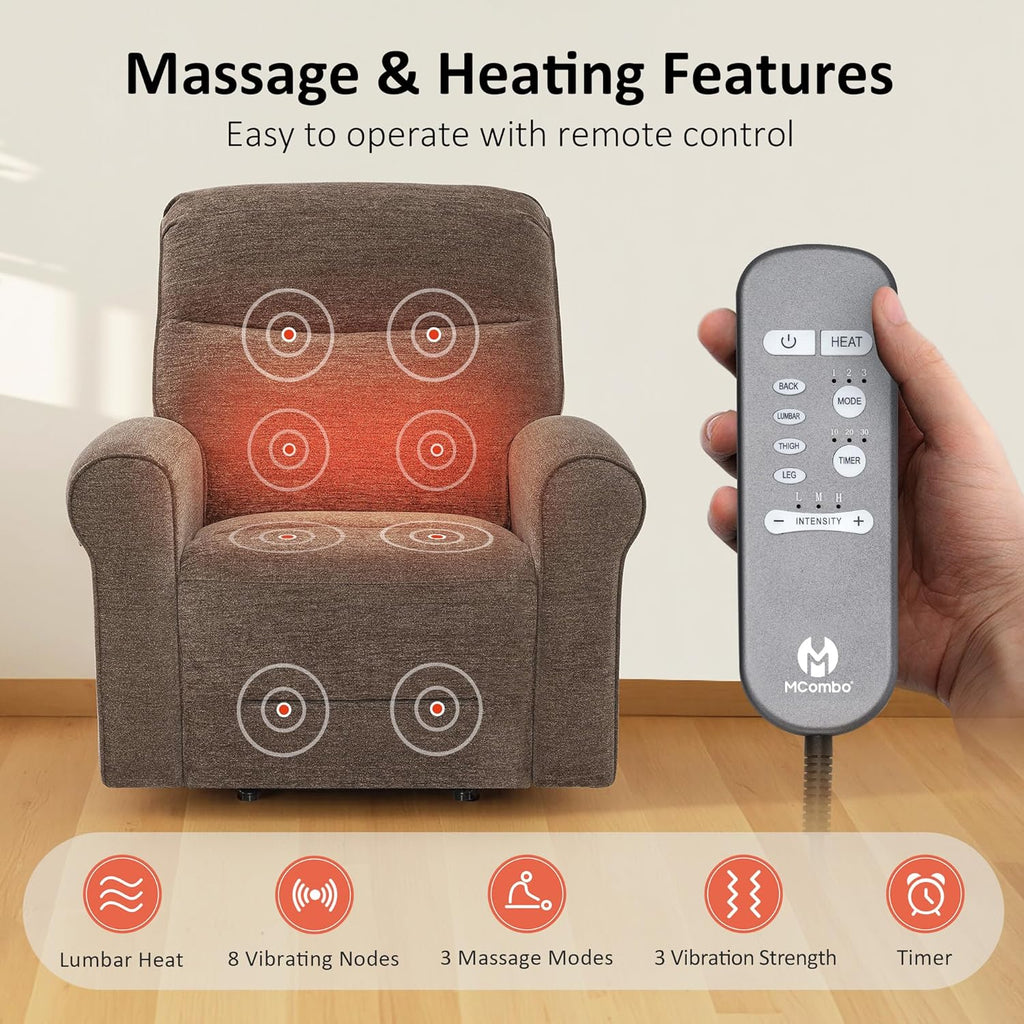 MCombo Dual Motor Power Lift Recliner Chair with Massage and Heat for Elderly, USB Ports, Lay Flat, Fabric 7666 (Dark Brown)