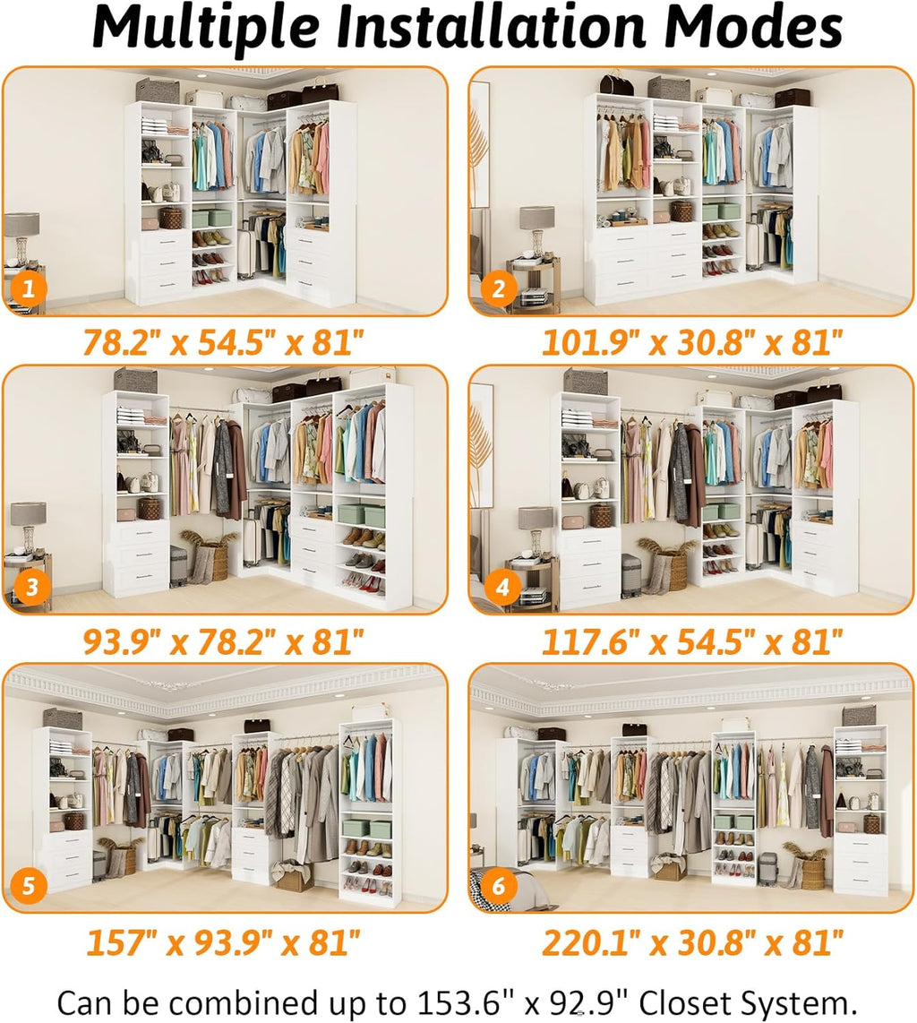 Closet System with 4 sets, 101.9" Closet Organizer Systems with 6 Drawers & 8 Hanging Rods & Adjustable Shelves, Walk in Closet Standing Closet System, Corner Closet System Set, White