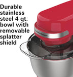 Hamilton Beach Electric Stand Mixer, 4 Quarts, Dough Hook, Flat Beater Attachments, Splash Guard 7 Speeds with Whisk, Red