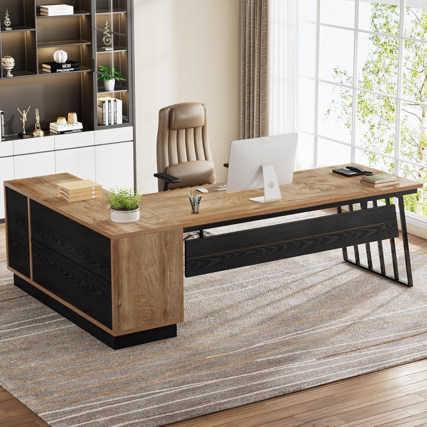 Tribesigns 71-Inch Executive Desk, L-Shaped Desk with Cabinet, Large Office Desk with Drawers and Storage Shelves, Writing Table Computer Desk for Home Office, Oak and Black
