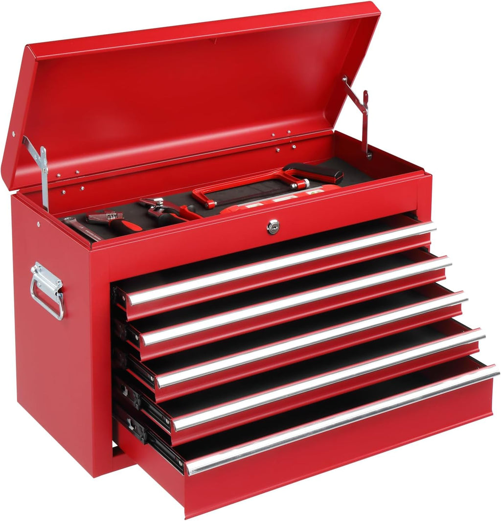 Winado 24" Metal Tool Box, Portable 5 Drawers Toolbox with Top Storage Tray, Carry Handle, Ball Bearing Runners, Lockable Tool Chest Cabinet for Garage, Warehouse, Repair Shop & Home, Red