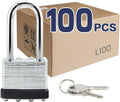 LanuBe Lock Laminated keyed Padlock (1-9/16"  40mm)  keyed Alike Locks  Long Shackle Marked Black Plastic Hoop  Pack of 100