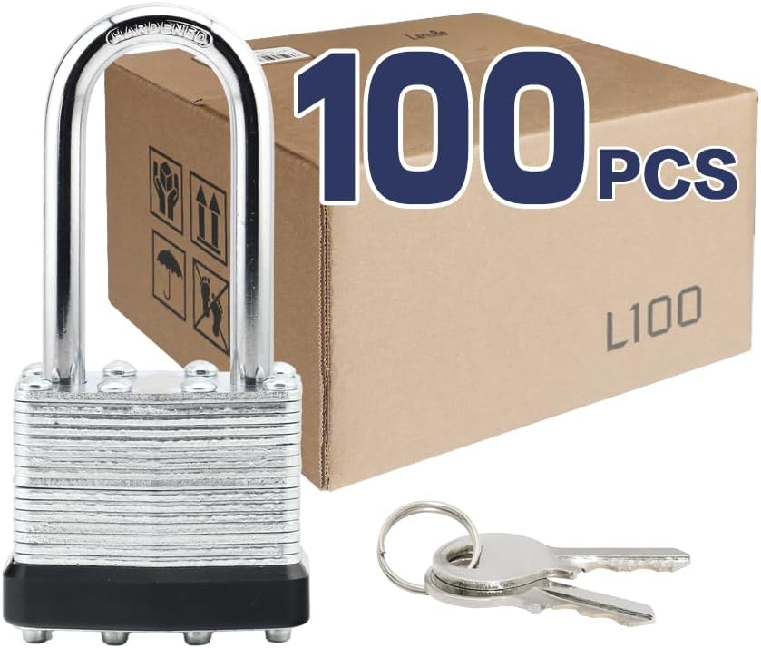LanuBe Lock Laminated keyed Padlock (1-9/16"  40mm)  keyed Alike Locks  Long Shackle Marked Black Plastic Hoop  Pack of 100