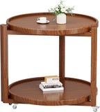 Taitiy Rolling Side Table with Wheels, Solid Wood Round End Table with Storage Shelf, 2 Tier Mobile Side Table for Couch & Small Spaces, Wooden Bedside Table with Lockable Casters, Walnut 21.5"