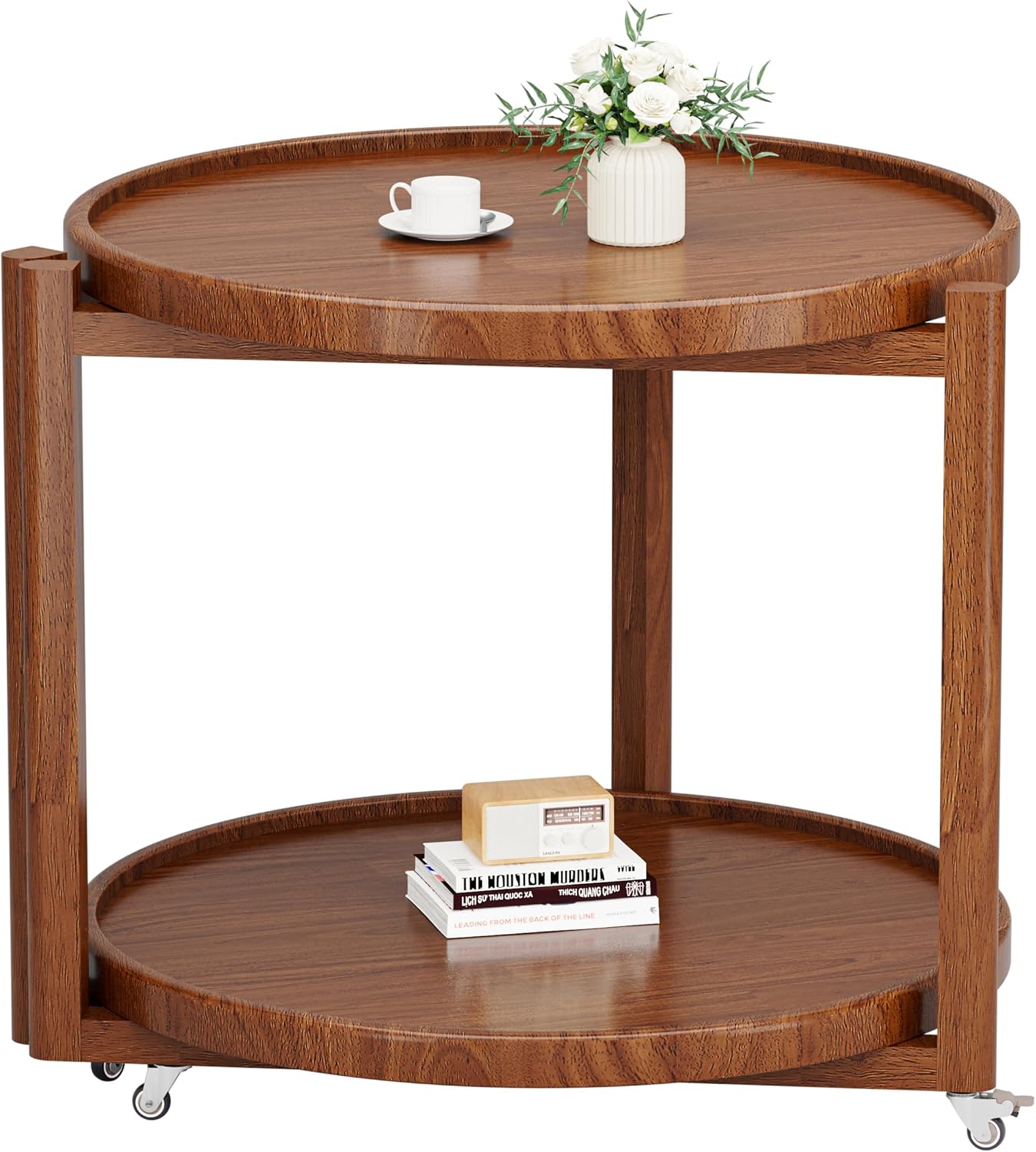 Taitiy Rolling Side Table with Wheels, Solid Wood Round End Table with Storage Shelf, 2 Tier Mobile Side Table for Couch & Small Spaces, Wooden Bedside Table with Lockable Casters, Walnut 21.5"