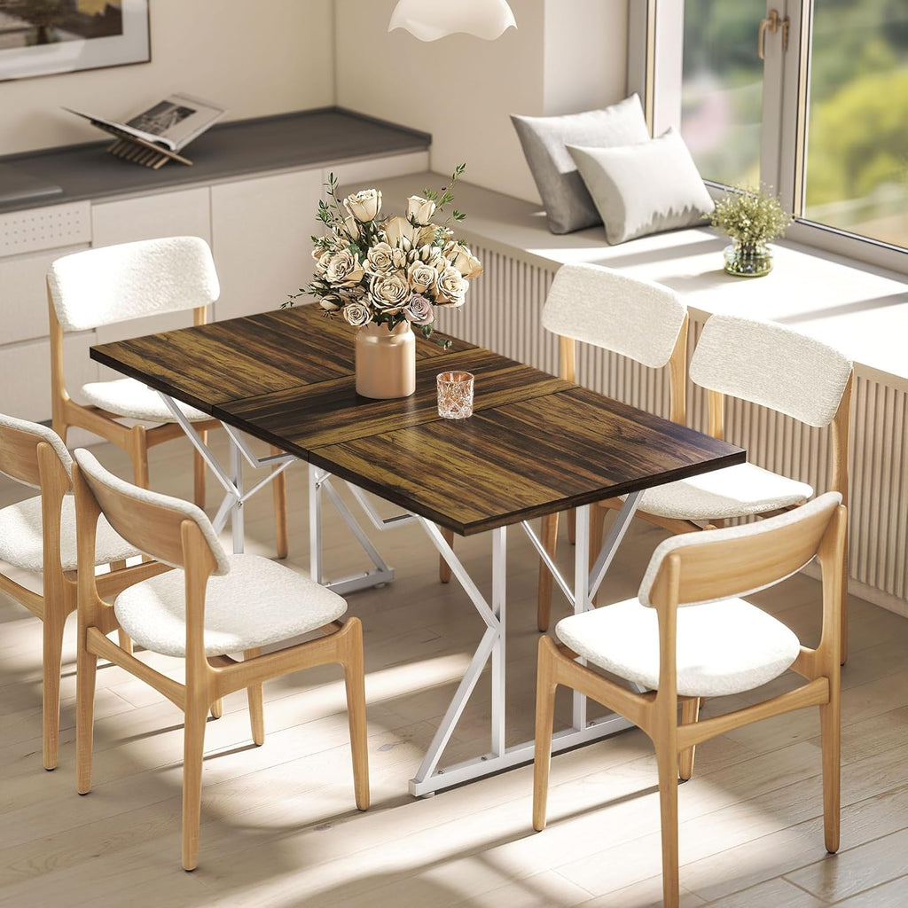 HOMCOM 47"-63" Expandable Dining Table for 4-6 People, Farmhouse Dinner Table with Heavy Duty Metal Trestle Base, Rectangle Kitchen Desk, Distressed Brown