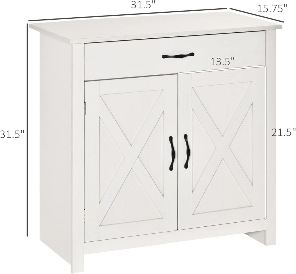 HOMCOM Farmhouse Sideboard Buffet Cabinet, Barn Door Coffee Bar Cabinet with Drawer and Adjustable Shelf for Kitchen, Living Room, Entryway, White Wash