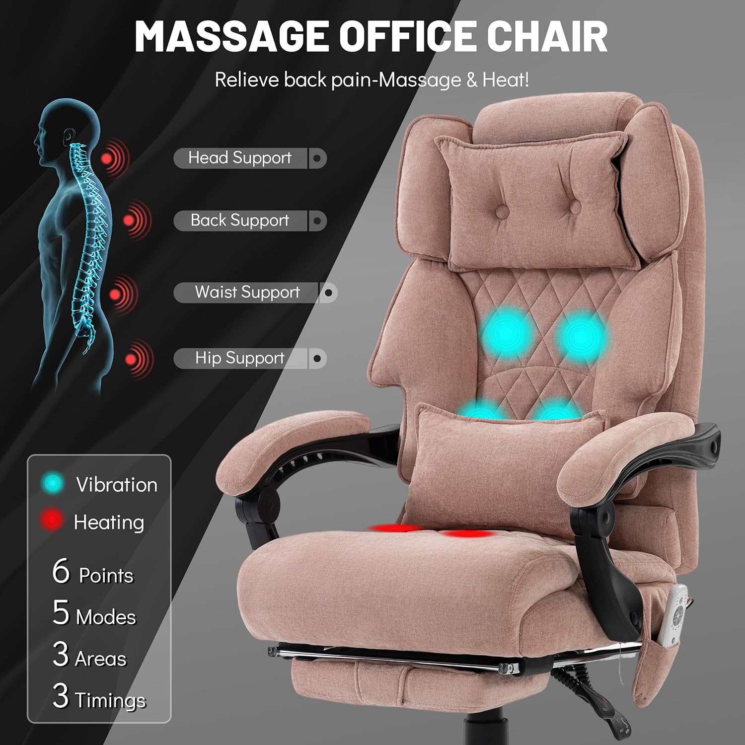 Massage Office Chair with Foot Rest,6 Points Vibration & Heat Executive Office Chairs for Heavy People,500LBS Big and Tall Office Chair,Ergonomic Reclining Desk Chair,Home & Office,Pink