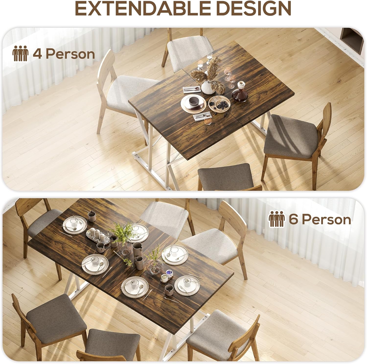 HOMCOM 47"-63" Expandable Dining Table for 4-6 People, Farmhouse Dinner Table with Heavy Duty Metal Trestle Base, Rectangle Kitchen Desk, Distressed Brown