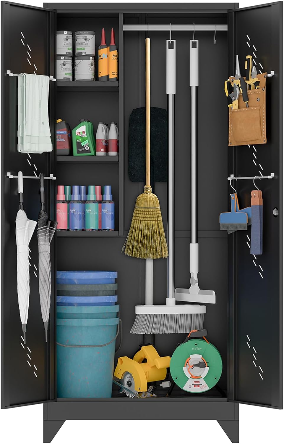 75" Metal Storage Cabinet with Lockable Doors, Functional Garage Storage Cabinets, Heavy-Duty Tool Organization Cabinet with Hanging Rod & S-Hooks (75" Utility Closet)