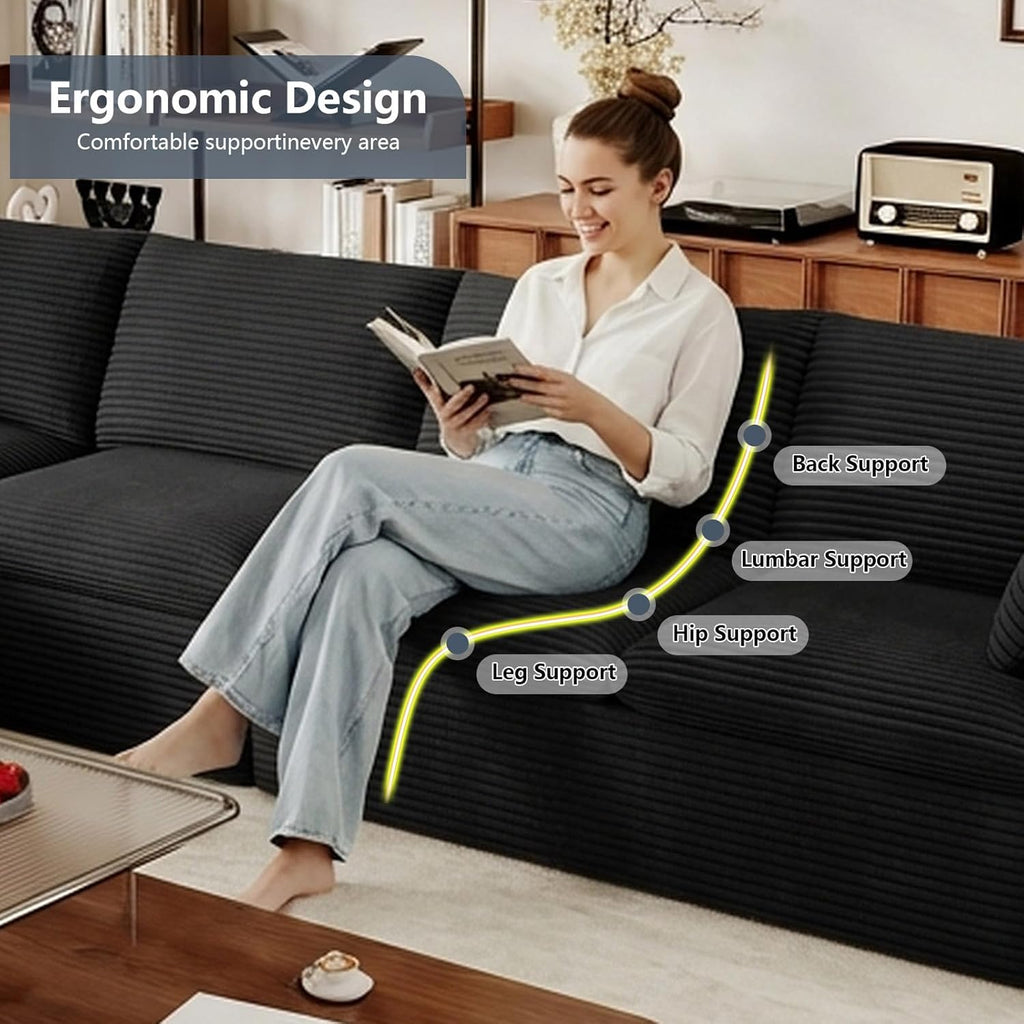 136" Cloud Modular Sectional Couch with L-Shaped Chaise,Corduroy Boneless Sofa,Memory Foam Couches in a Box with Deep Seat for Living Room,No Assembly Required (Black,Left-Facing Chaise)
