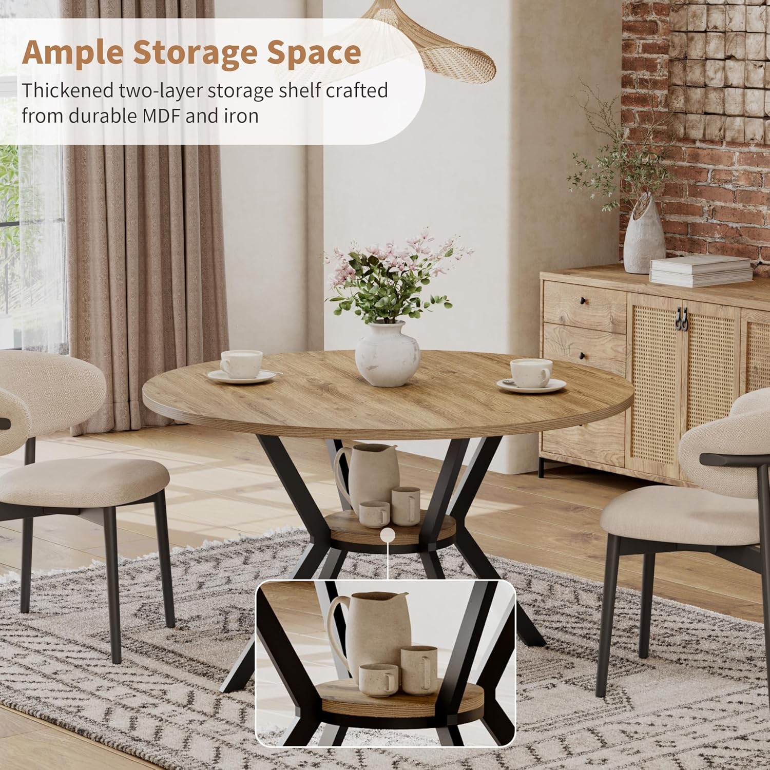 MECHYIN 42 Inch Round Dining Table for 2–4, Farmhouse Round Kitchen Table with Storage Shelf, Pedestal Dining Table, Wood Top & Metal Base, Small Space Table for Apartment, Dining Room