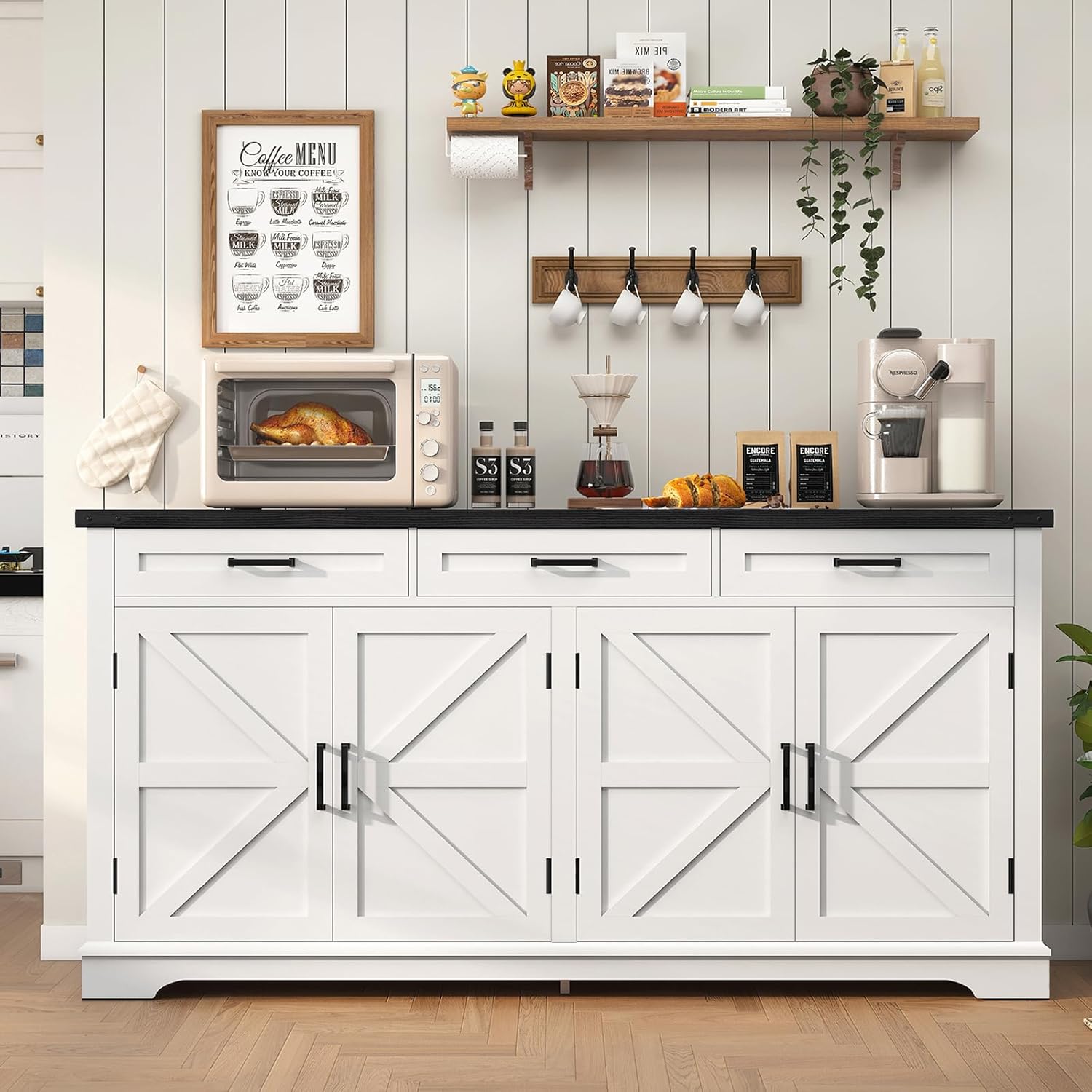 TEENFON 61" Farmhouse Buffet Cabinet with 2 Adjustable Shelves, Sideboard with 3 Drawers & 4 Doors, Rustic Storage Cabinet for Kitchen, Entryway, Coffee Bar, White