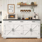 TEENFON 61" Farmhouse Buffet Cabinet with 2 Adjustable Shelves, Sideboard with 3 Drawers & 4 Doors, Rustic Storage Cabinet for Kitchen, Entryway, Coffee Bar, White