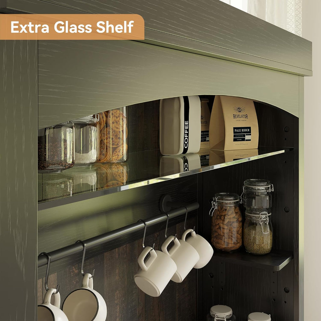 CABIHOME 72" Coffee Hutch Large Kitchen Sideboard，Farmhouse Coffee Bar Cabinet with Storage LED Buffet Cabinet with Wine Rack/Glass Shelf for Kitchen, Dining Room, Living Room(Black)