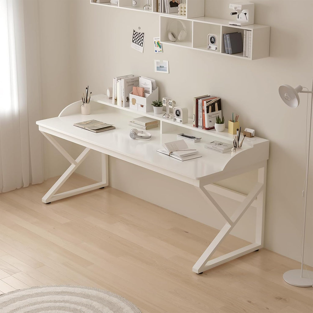 Long Desk with Monitor Stand - 63" Double Long Computer Table for 2-Person Workstation, Large Writing Study Work Desk for Home and Office, White