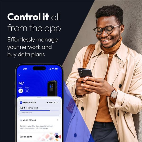 NETGEAR Nighthawk 5G Mobile Hotspot M7 with eSIM or SIM | Portable WiFi 7 Router for Travel in 140+ Countries | Supports 32 Devices | Unlocked 5G/4G LTE | 3.6Gbps Speed | AT&T  T-Mobile (MH7150)