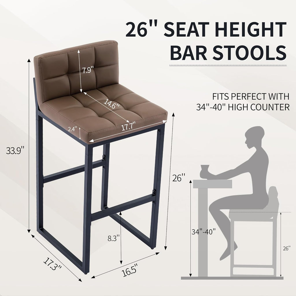 Counter Height Bar Stools Set of 4, Upholstered Barstools with Back, Bar Chairs with Thickened Metal Legs, PU Leather Counter Stools for Kitchen Island (Coffee Brown, 4Pcs 26" Counter Stools)