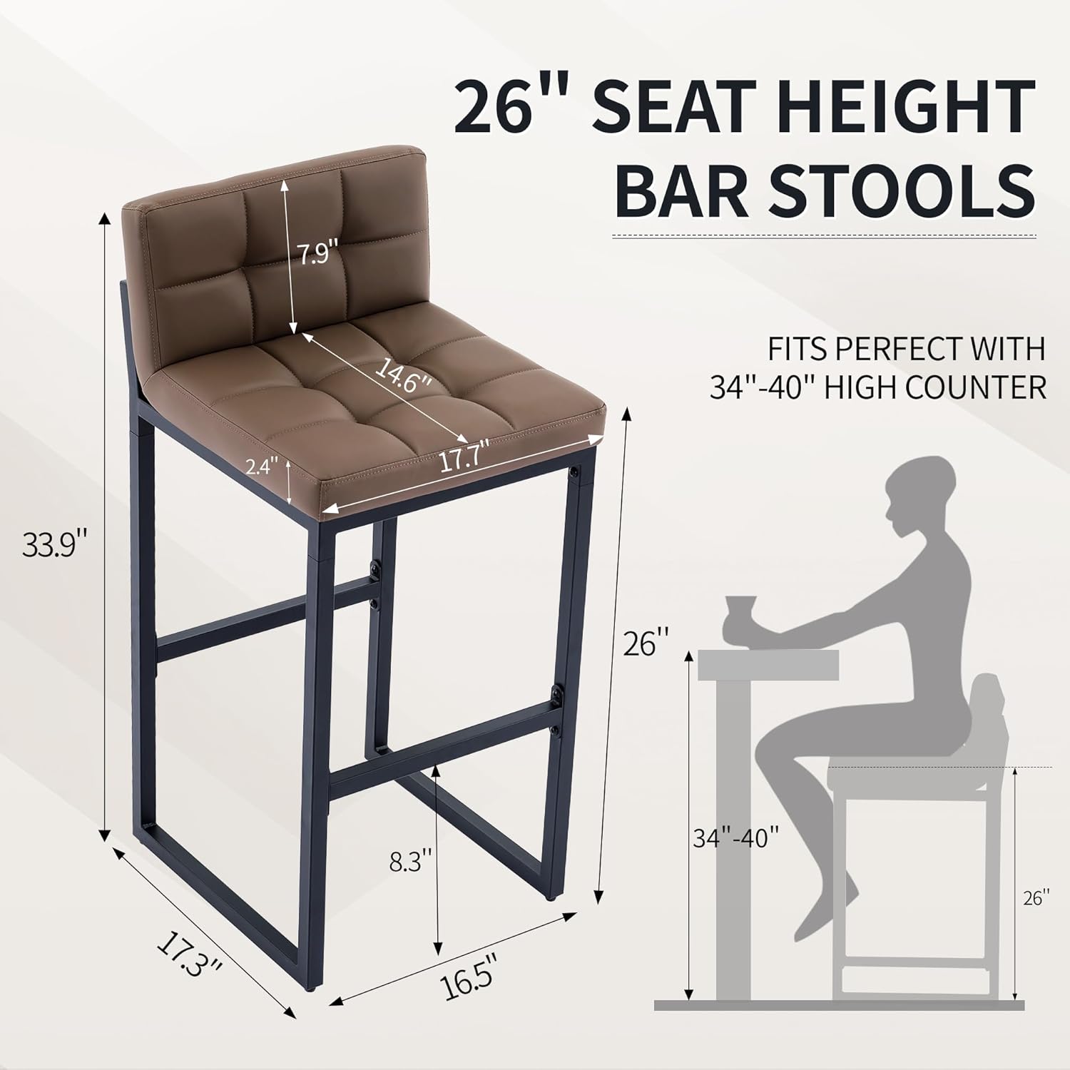 Counter Height Bar Stools Set of 4, Upholstered Barstools with Back, Bar Chairs with Thickened Metal Legs, PU Leather Counter Stools for Kitchen Island (Coffee Brown, 4Pcs 26" Counter Stools)
