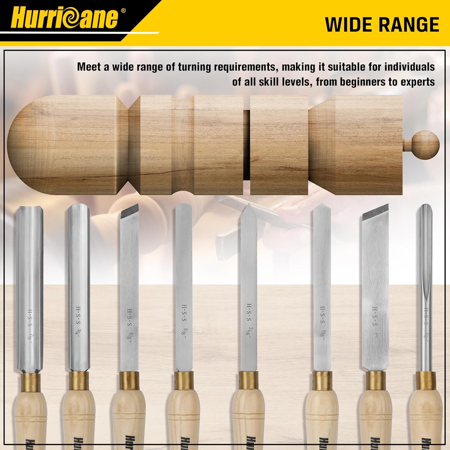 HURRICANE 8pc Wood Lathe Chisel Set, M2 HSS Wood Turning Tools with 10" Solid Hardwood Handles, Lathe Tool Kit for Beginners and DIY Hobbyists, Includes Protective Wooden Box