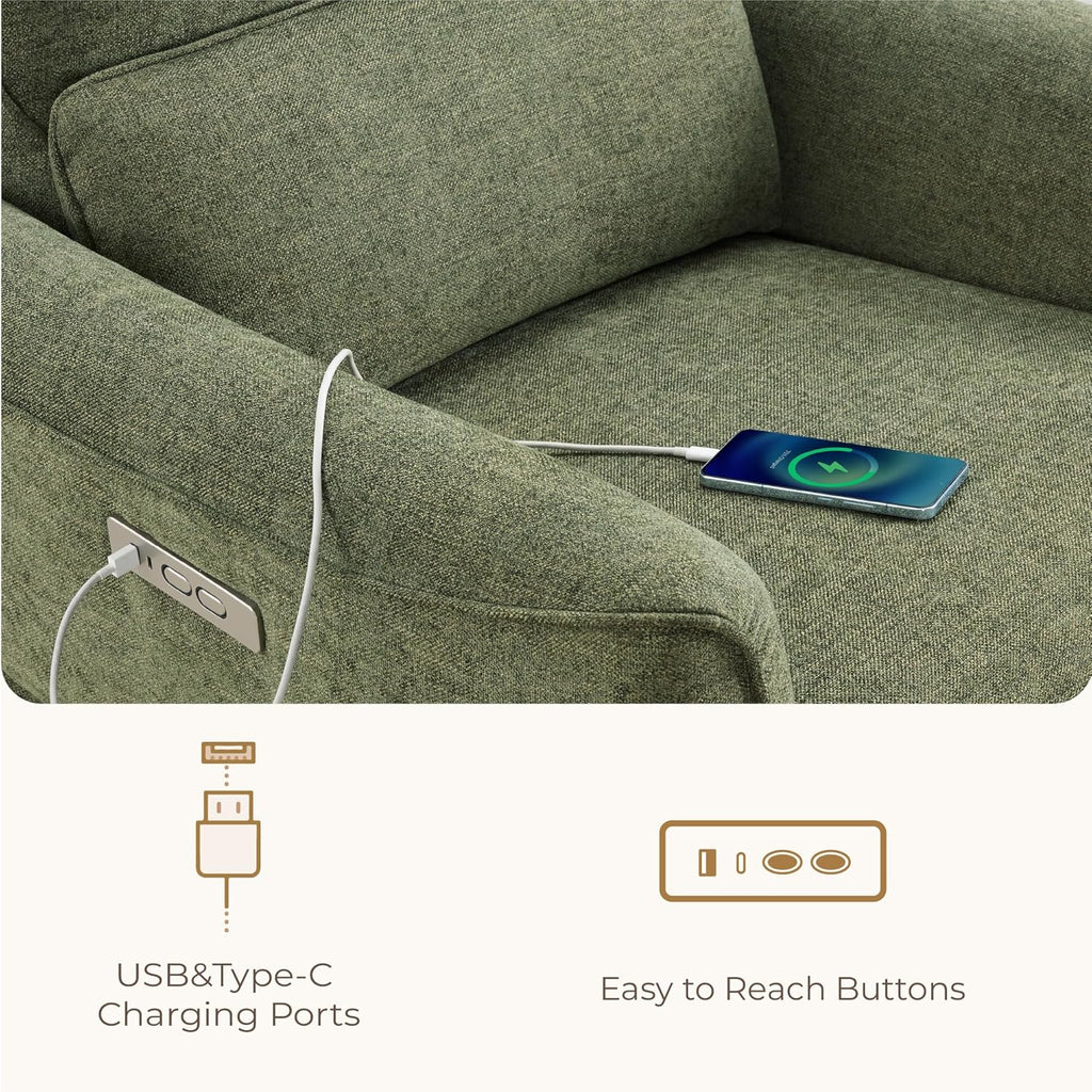 CHITA Power Nursery Rocking Chair, Swivel Glider Recliner Chair with Solid Wood Base, Bulit-in USB & Type-C Charging Ports for Living Room, FSC Certified, Moss Green