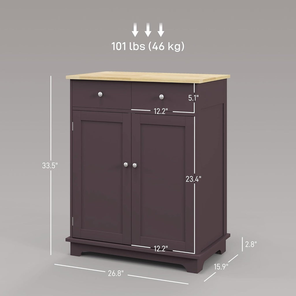 HOMCOM Sideboard Buffet Cabinet with Solid Wood Countertop, Modern Kitchen Storage Cabinet, Coffee Bar Cabinet with 2 Drawers, Doors and Adjustable Shelf, Coffee