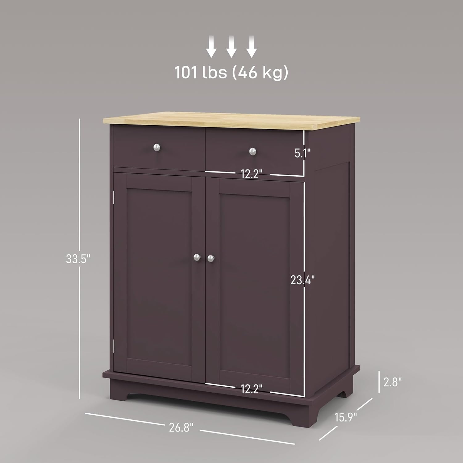 HOMCOM Sideboard Buffet Cabinet with Solid Wood Countertop, Modern Kitchen Storage Cabinet, Coffee Bar Cabinet with 2 Drawers, Doors and Adjustable Shelf, Coffee