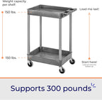 Stand Steady Tubstr Compact 2 Shelf Utility Cart | Made in USA | Space-Saving Tub Cart Holds Up to 300 lbs | Storage & Rolling Tool Cart for School, Office, Garage & Warehouse (24 x 18in / Gray)