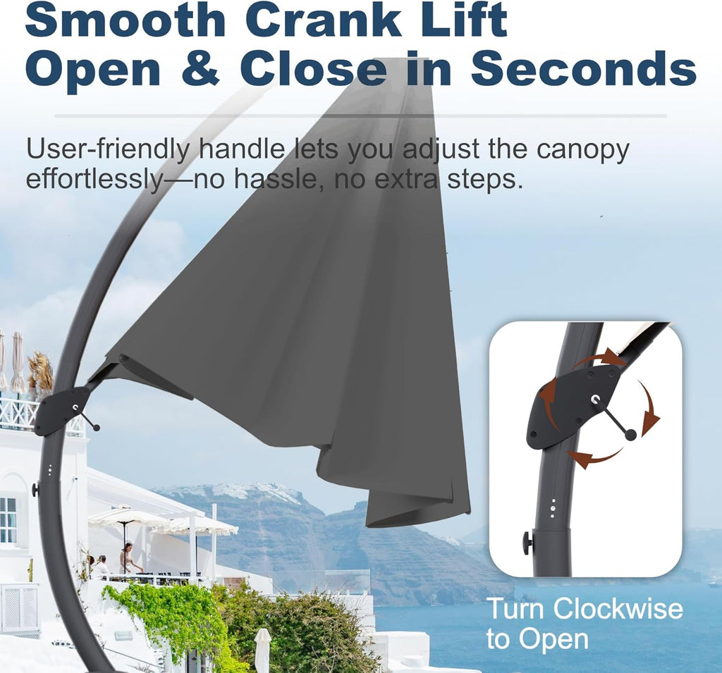 12FT Cantilever Umbrella with Base Large Curvy Outdoor Aluminum Offset Umbrella w/ 360° Rotation  UV Resistant Canopy for Patio  Garden  Backyard  Grey