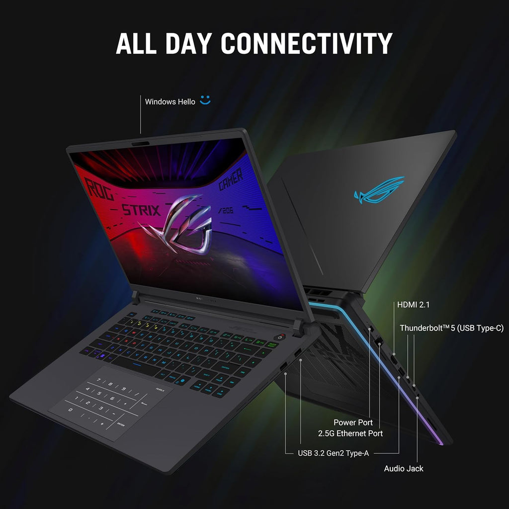 ASUS ROG Strix G16 (2025) Gaming Laptop  16” ROG Nebula Display 16:10 2.5K 240Hz/3ms  NVIDIA® GeForce RTX™ 5070 Ti GPU  Intel® Core™ Ultra 9 275HX Processor  32GB DDR5  1TB SSD  Wi-Fi 7  Win11 Home