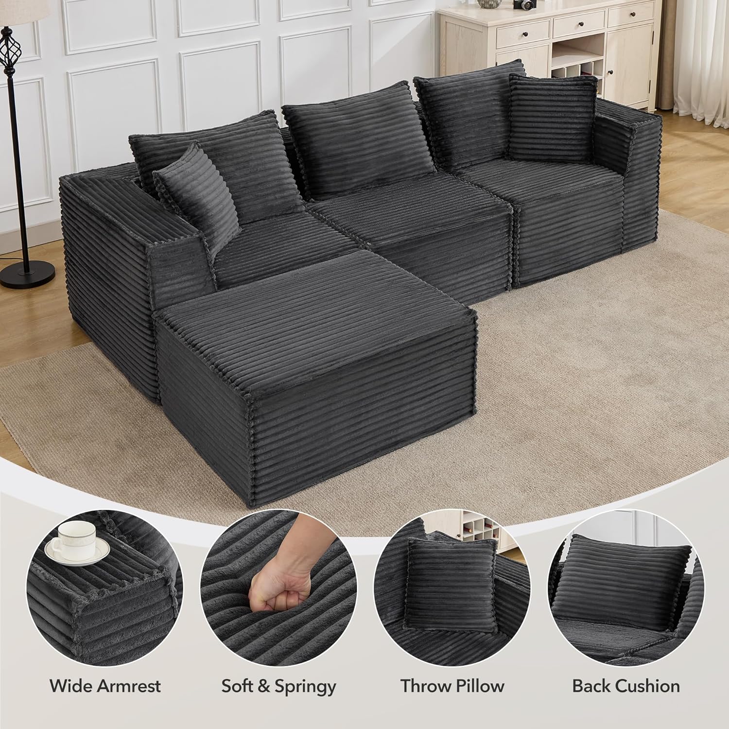 107" Modular Sectional Cloud Couch for Living Room,Deep Seat Boneless Couch,Convertible Sofas with Ottomans,No Assembly Compression Sofas, Comfy Floor Sofa with Memory Foam (3 Seater+1 Ottoman),Grey