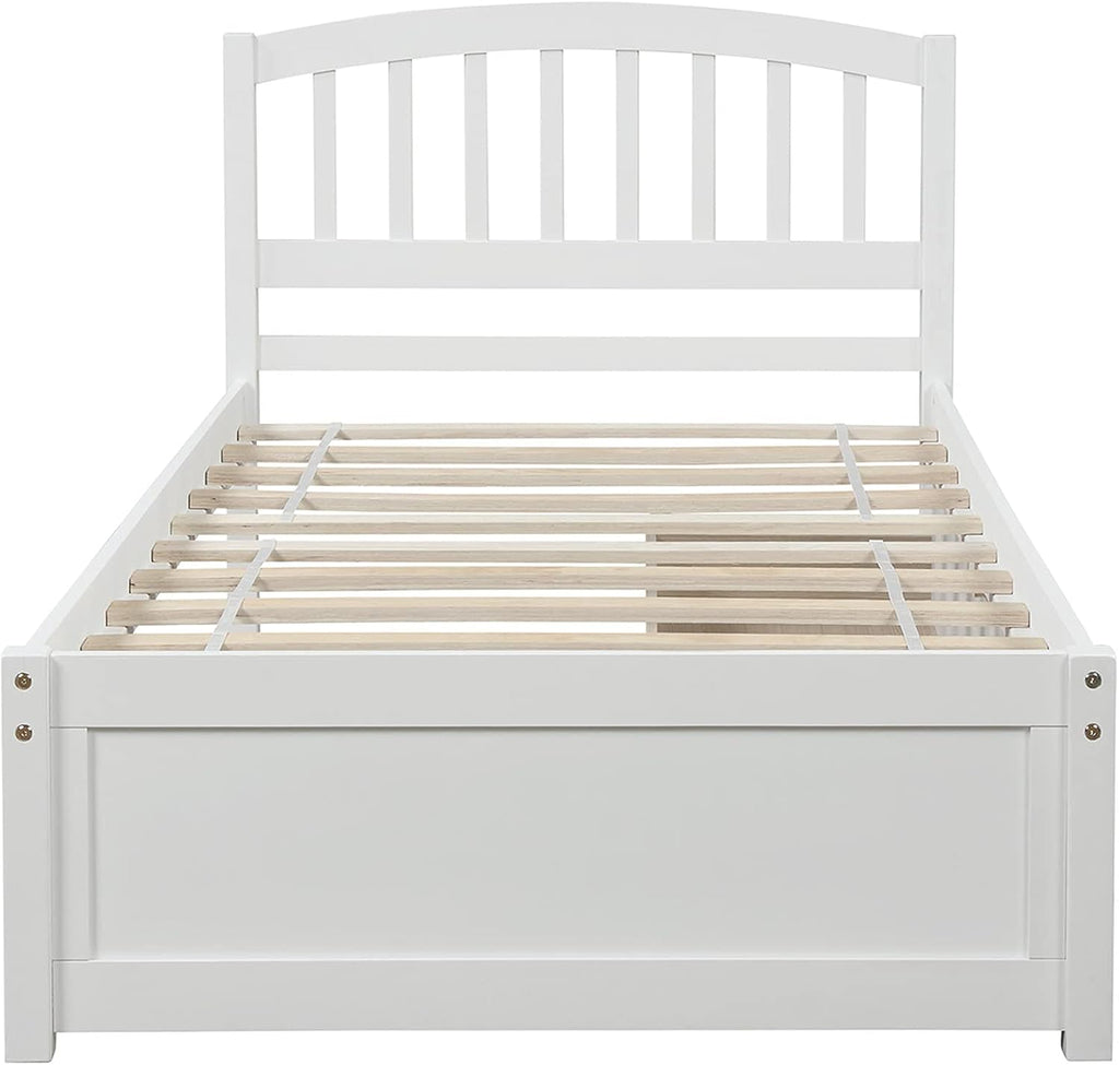 Solid Wood Platform Bed Twin Size with 2 Storage Drawers for Kids,Twin Size Low Platform Bed Frame with Curved Headboard,Footboard and Under Bed Space for Boys Girls Bedroom,Easy Assembly,White