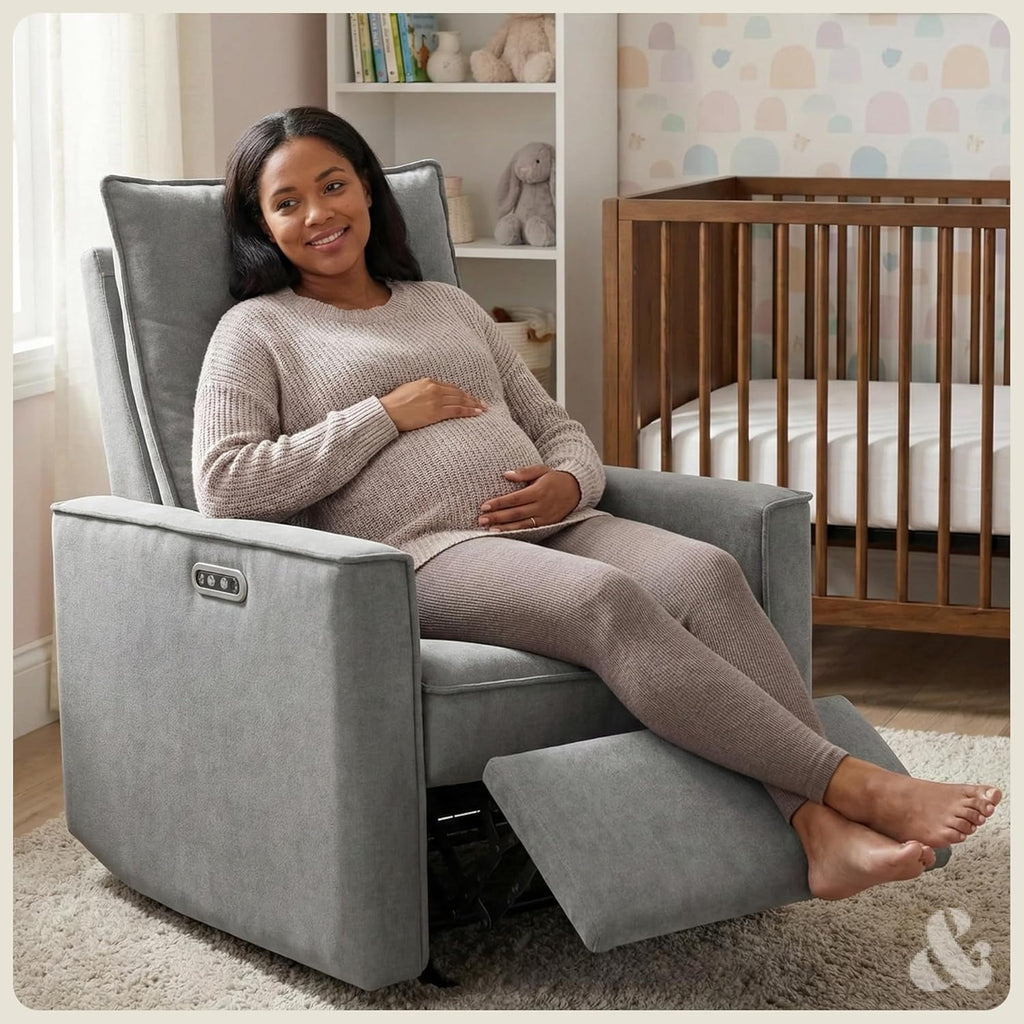 Nurture& Montauk Power Glider Recliner – Premium Nursery Recliner Chair with USB‑A/C, Adjustable Headrest & Gentle Glide, Stain‑Resistant Upholstery, Comfortable & Space‑Smart, Gray