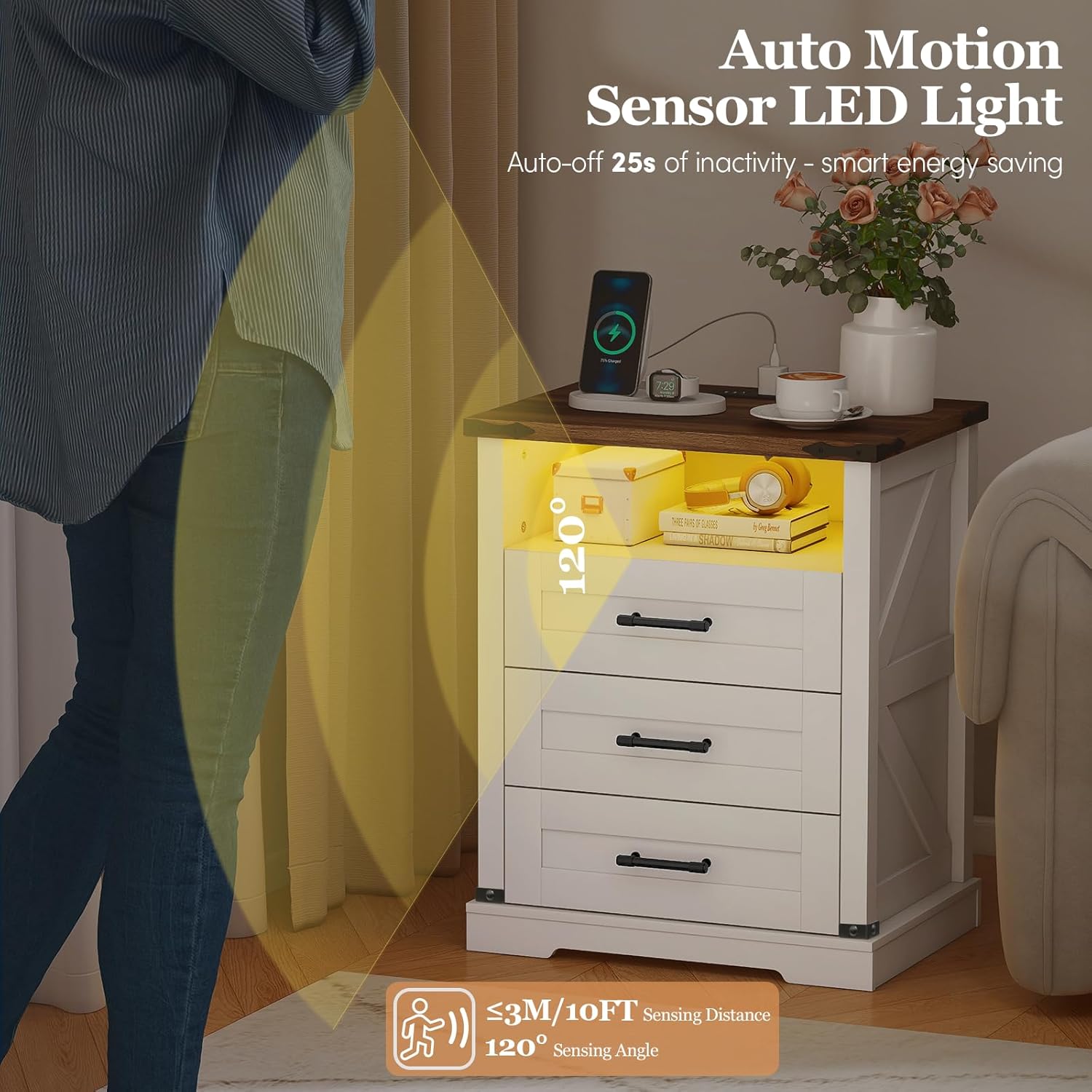 Turosur Night Stand with Charging Station 22" Large Farmhouse Nightstands with 3 Drawers and Open Storage Smart Bedside Table with Human Sensor LED Light End Tables for Bedroom White