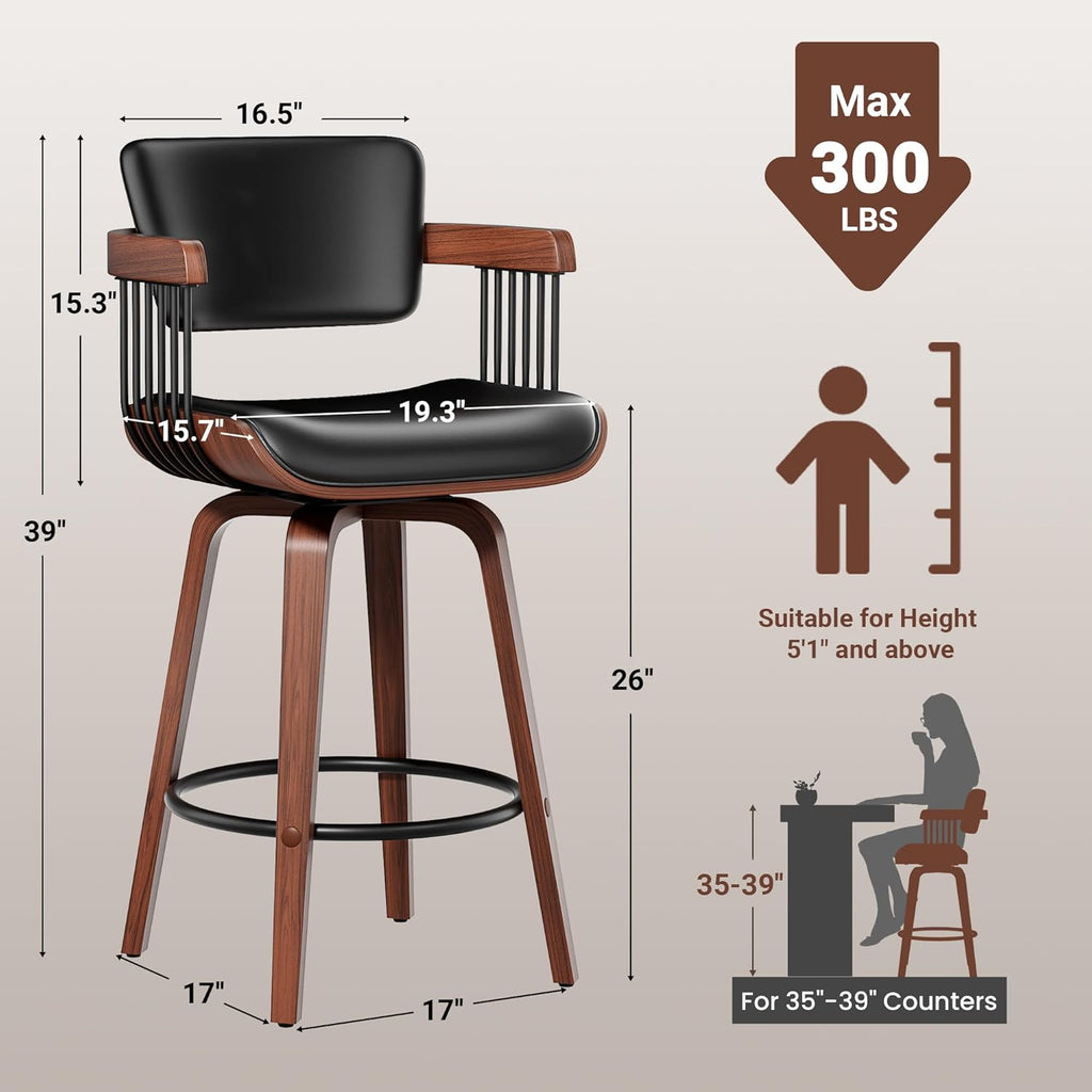 Swivel Counter Height Bar Stools Set of 2, 26 Inch Mid Century Modern Bentwood Barstools with Padded Back and Wood Legs, PU Leather Kitchen Island Chairs with Arms, Black