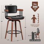Swivel Counter Height Bar Stools Set of 2, 26 Inch Mid Century Modern Bentwood Barstools with Padded Back and Wood Legs, PU Leather Kitchen Island Chairs with Arms, Black